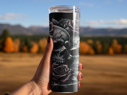 Deadpan Couture 20 oz. Stainless Steel Skinny Tumbler – Gothic Rose and Skull Edition - Deadpan Couture 
