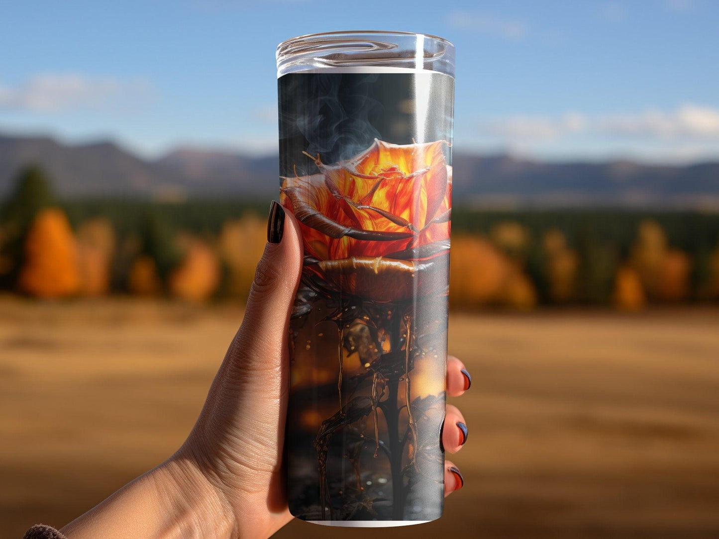 Deadpan Couture 20 oz. Stainless Steel Skinny Tumbler – Flame & Rose Edition - Deadpan Couture 