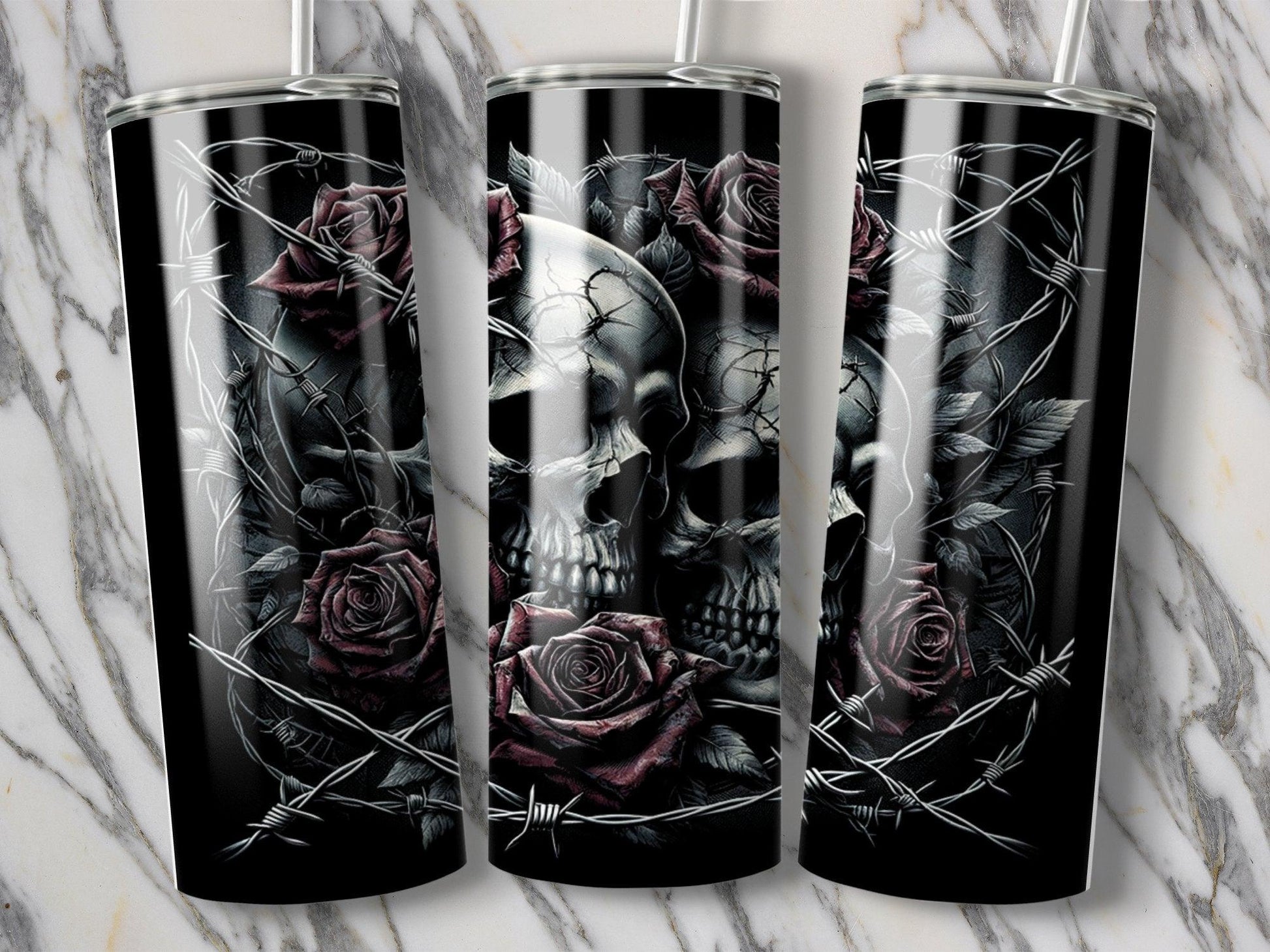 Deadpan Couture 20 oz. Stainless Steel Skinny Tumbler – Gothic Rose and Skull Edition - Deadpan Couture 