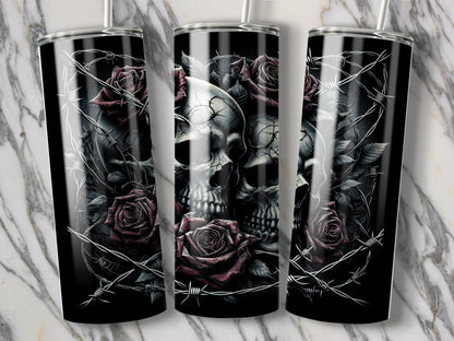 Deadpan Couture 20 oz. Stainless Steel Skinny Tumbler – Gothic Rose and Skull Edition - Deadpan Couture 