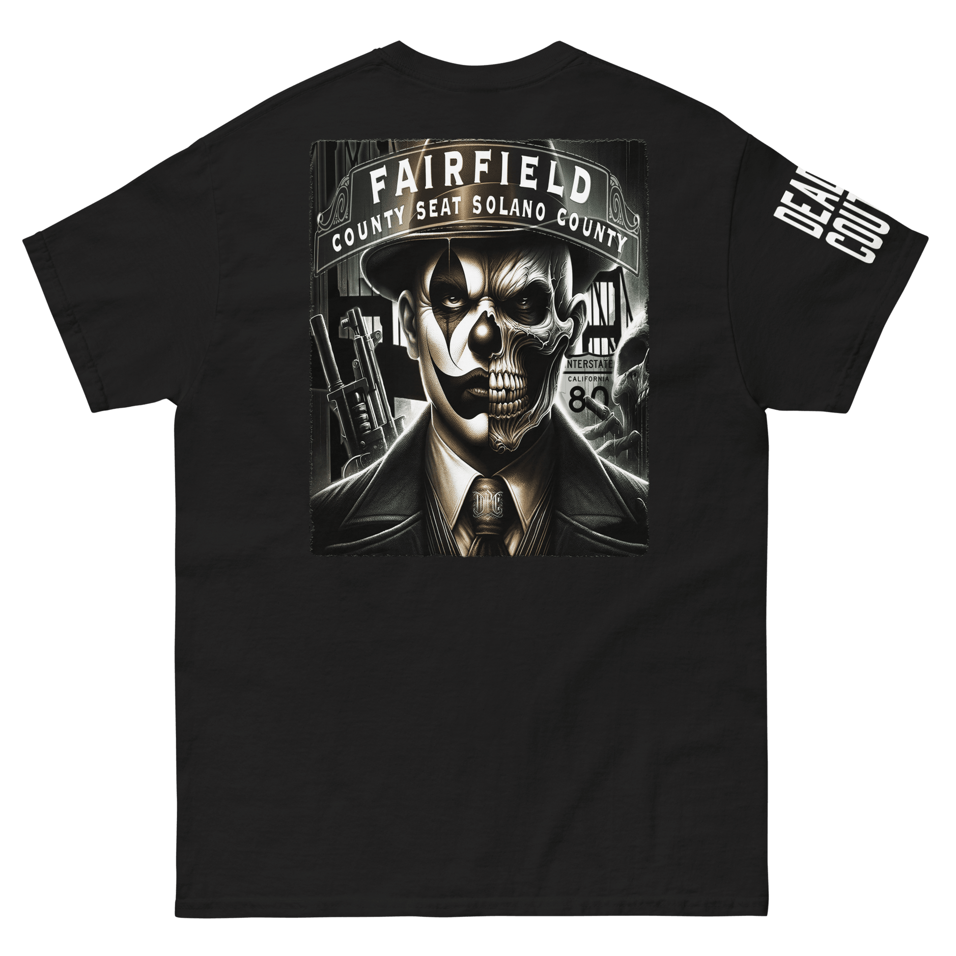 The back of the shirt features a large graphic of a dual-faced skull in a suit, set against urban elements with the words "Fairfield, County Seat Solano County."