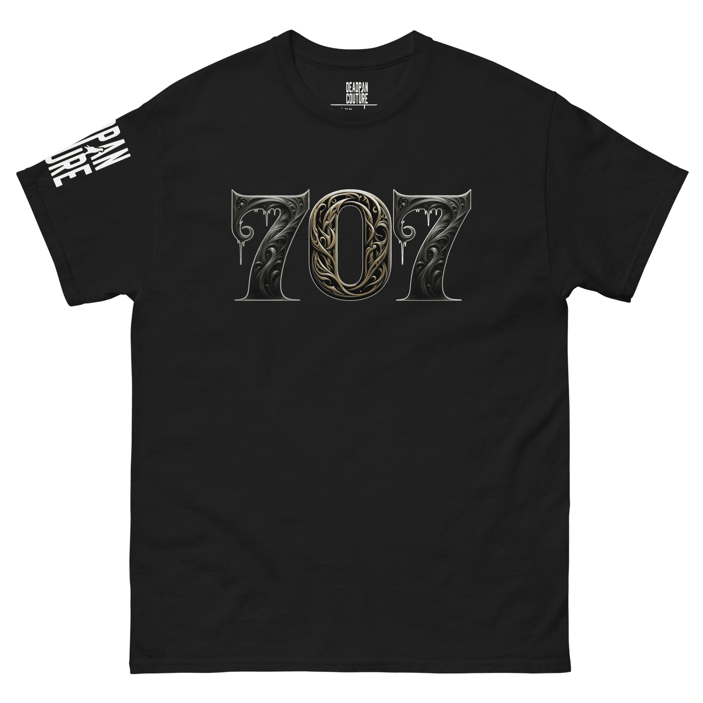 A black men's shirt with the number "707" displayed in an intricate, gothic font on the front.