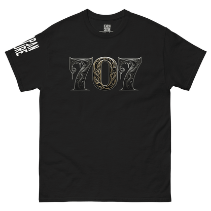 A black men's shirt with the number "707" displayed in an intricate, gothic font on the front.