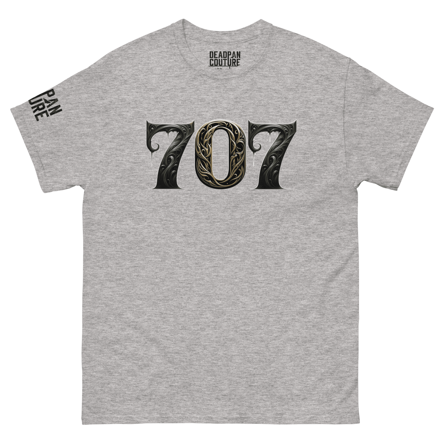 A grey men's shirt with the number "707" displayed in an intricate, gothic font on the front.