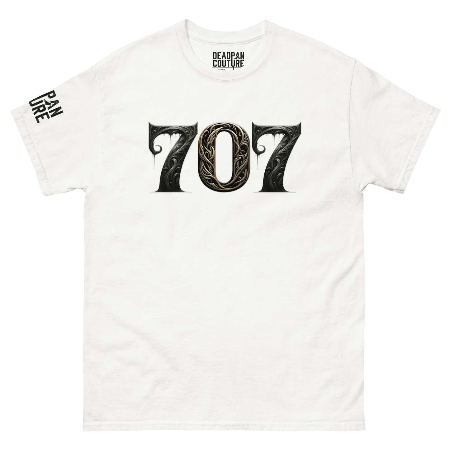 A white men's shirt with the number "707" displayed in an intricate, gothic font on the front.