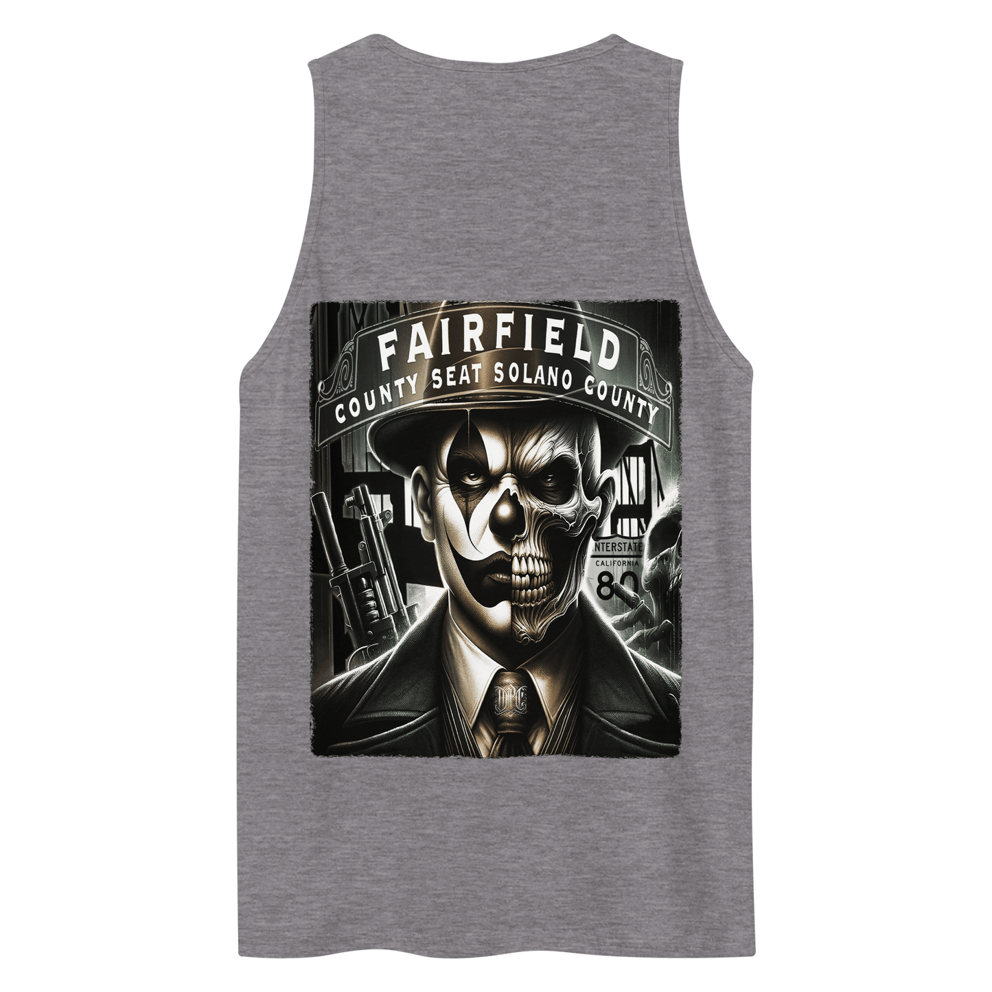 The back of the shirt features a large graphic of a dual-faced skull in a suit, set against urban elements with the words "Fairfield, County Seat Solano County."