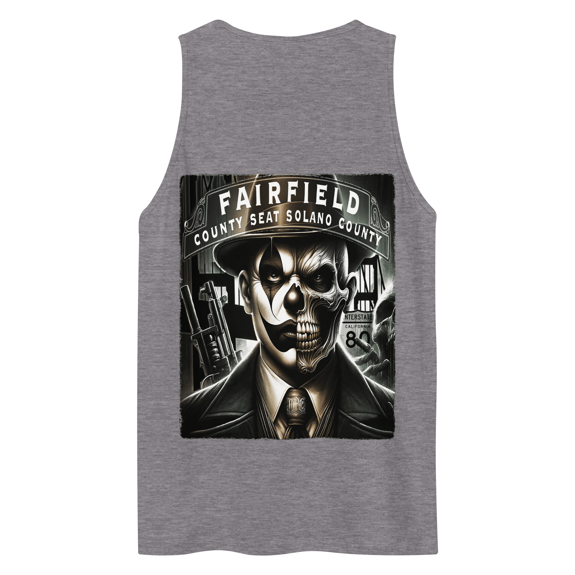 The back of the shirt features a large graphic of a dual-faced skull in a suit, set against urban elements with the words "Fairfield, County Seat Solano County."