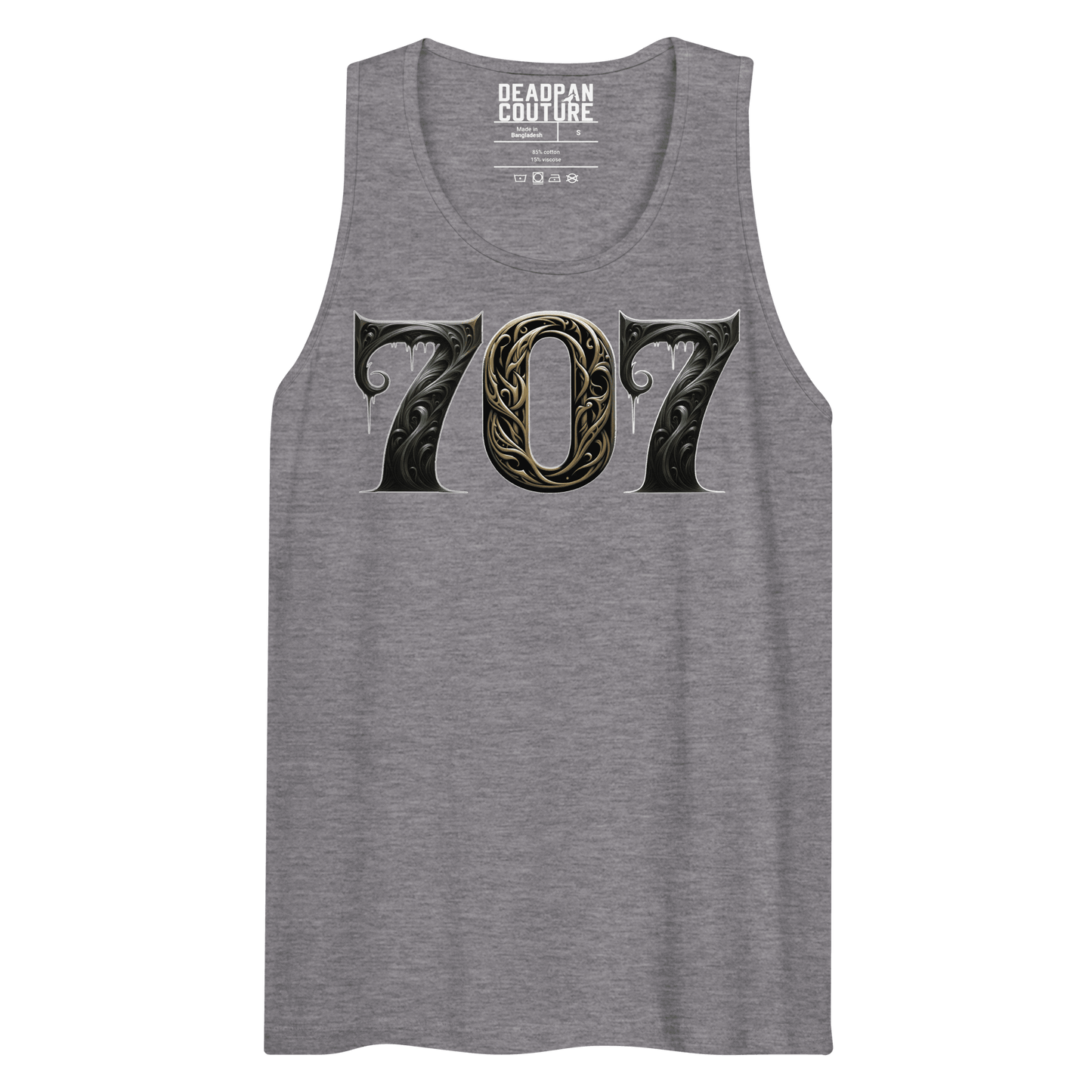 A black men's tank top with the number "707" displayed in an intricate, gothic font on the front.