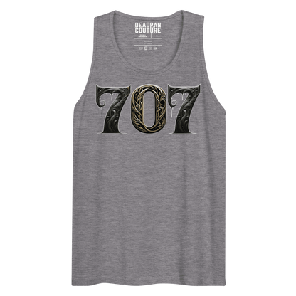 A black men's tank top with the number "707" displayed in an intricate, gothic font on the front.