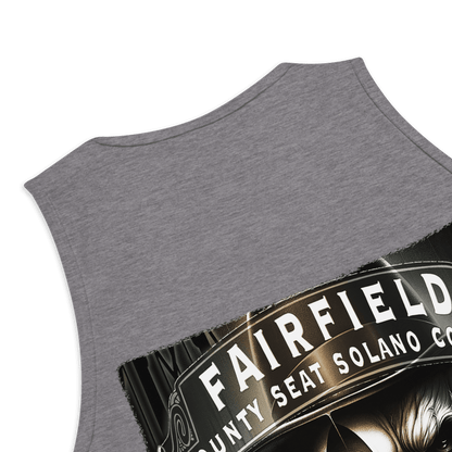 The back of the shirt features a large graphic of a dual-faced skull in a suit, set against urban elements with the words "Fairfield, County Seat Solano County."