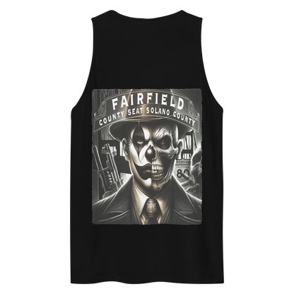 The back of the shirt features a large graphic of a dual-faced skull in a suit, set against urban elements with the words "Fairfield, County Seat Solano County."