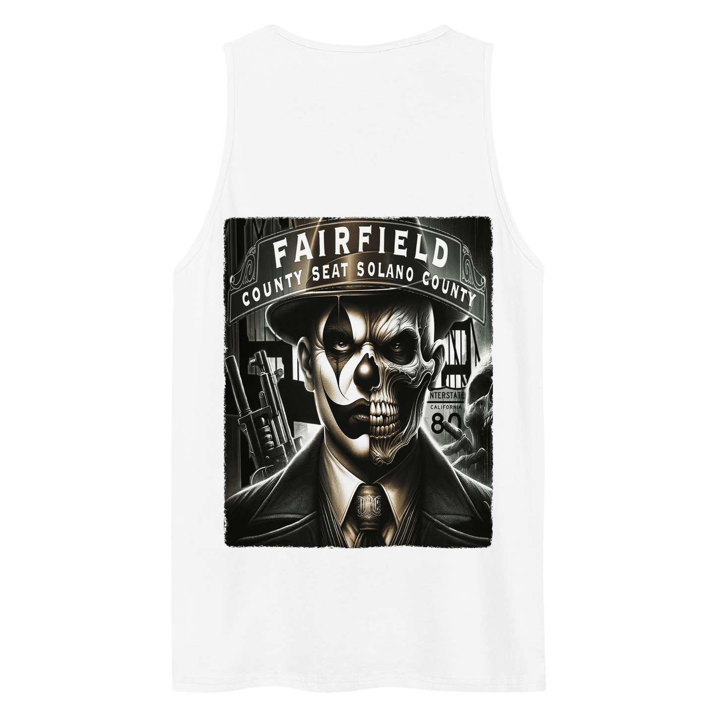 The back of the tank top features a large graphic of a dual-faced skull in a suit, set against urban elements with the words "Fairfield, County Seat Solano County."