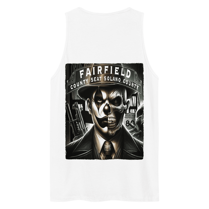 The back of the tank top features a large graphic of a dual-faced skull in a suit, set against urban elements with the words "Fairfield, County Seat Solano County."