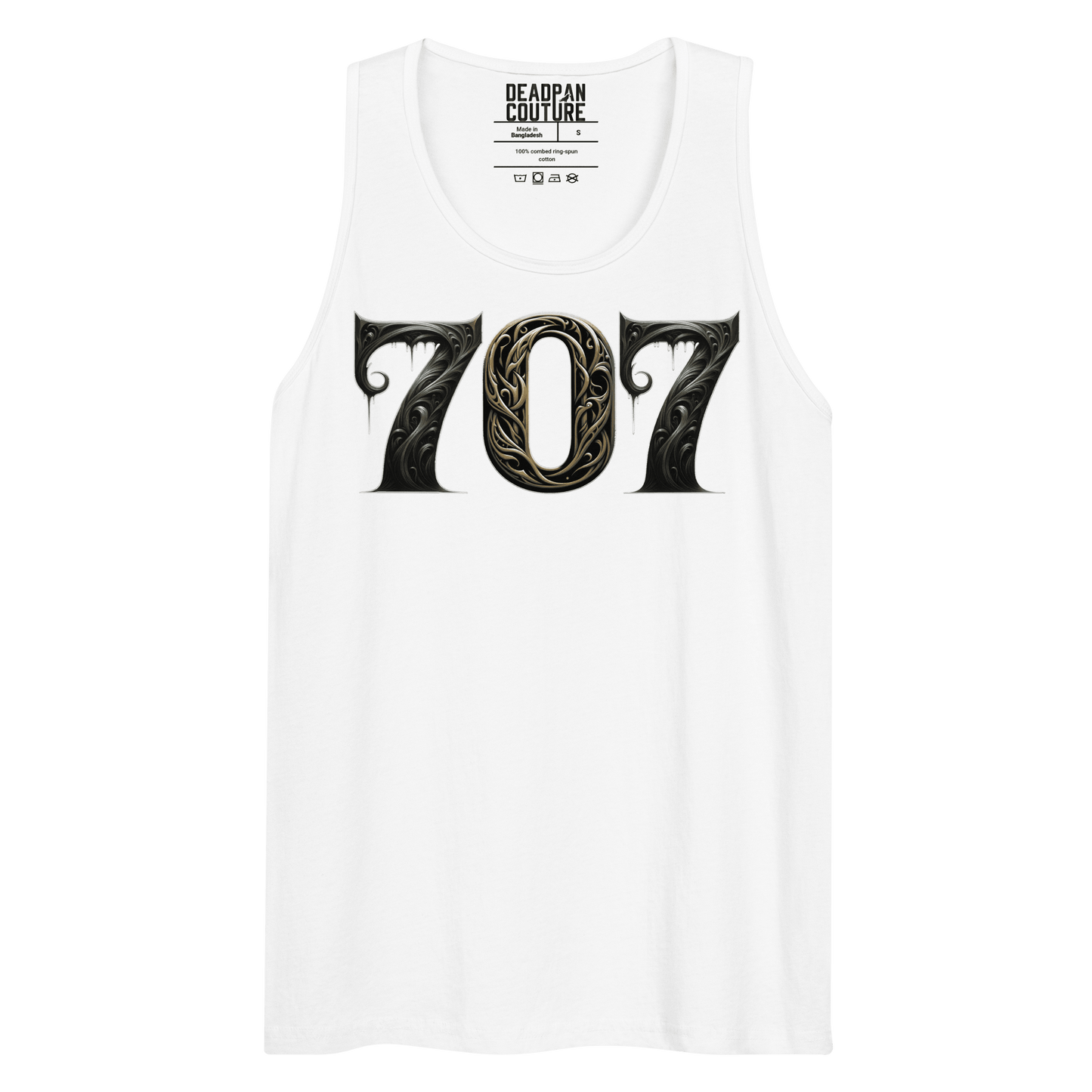 A black men's tank top with the number "707" displayed in an intricate, gothic font on the front.