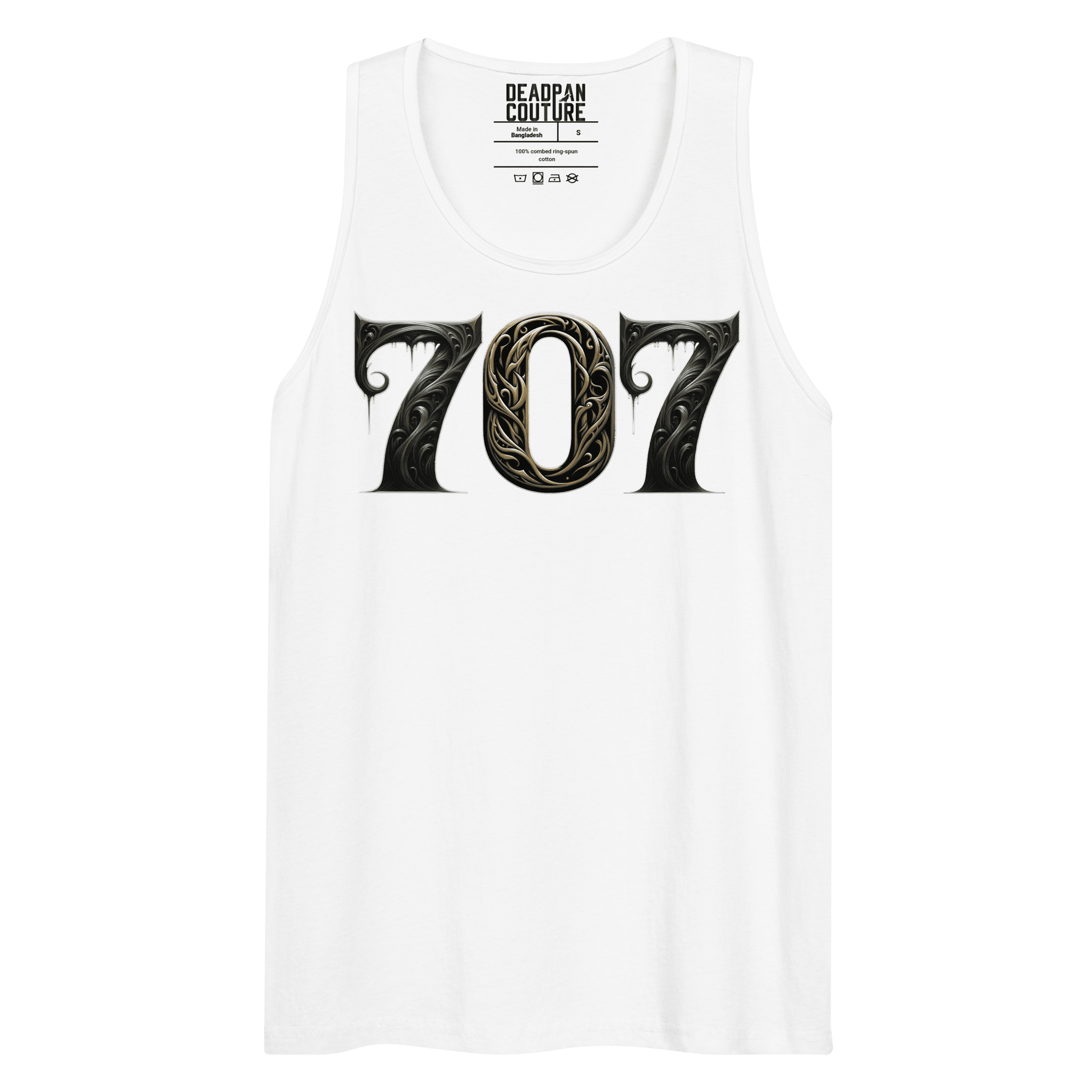 A black men's tank top with the number "707" displayed in an intricate, gothic font on the front.