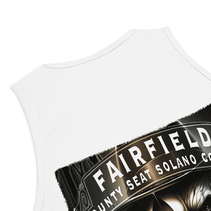 The back of the tank top features a large graphic of a dual-faced skull in a suit, set against urban elements with the words "Fairfield, County Seat Solano County."