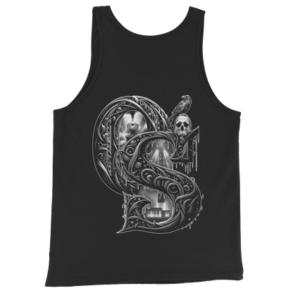 Black tank top featuring a detailed gothic "S" graphic on the back, including a steam locomotive, lighthouse, and raven perched on a human skull, showcasing Deadpan Couture's edgy streetwear style.