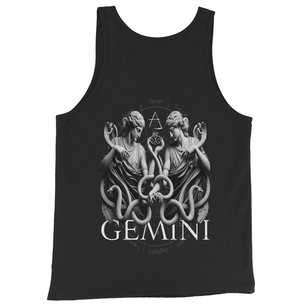 Black tank top featuring a detailed Gemini twin graphic on the back, surrounded by the defining traits of the Gemini zodiac sign, showcasing Deadpan Couture's edgy streetwear style.