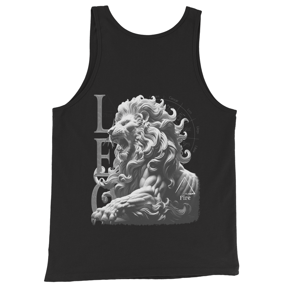 Deadpan Couture Men's Staple Tank Top with detailed lion design representing the Leo zodiac sign and fiery nature, sleek lion emblem on front and larger lion graphic with astrological elements on back.