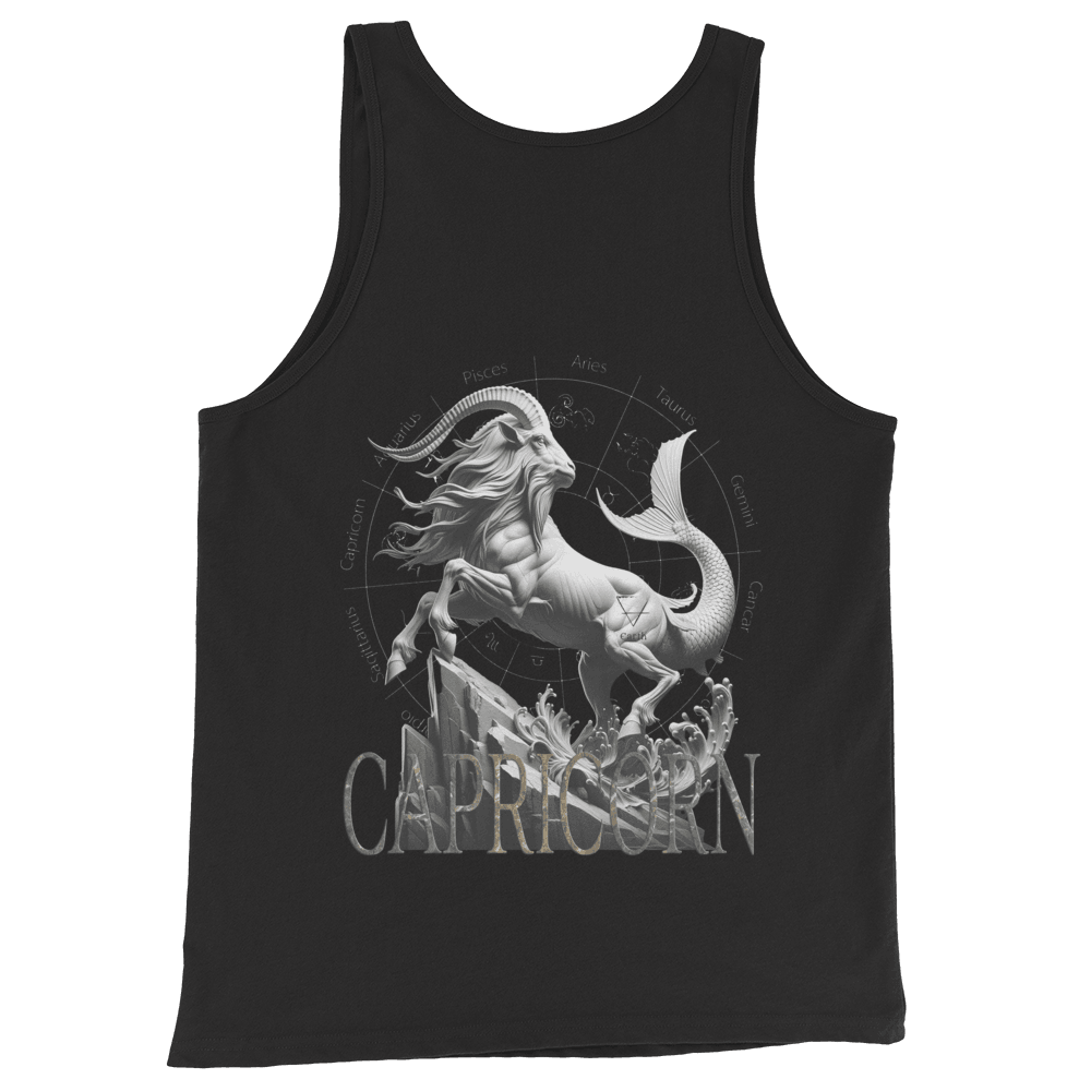 Deadpan Couture Men's Staple Tank Top with a striking Capricorn emblem representing the mythical sea-goat, in a classic black color and made from high-quality, breathable fabric for ultimate comfort.