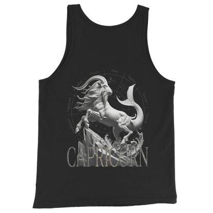 Deadpan Couture Men's Staple Tank Top with a striking Capricorn emblem representing the mythical sea-goat, in a classic black color and made from high-quality, breathable fabric for ultimate comfort.