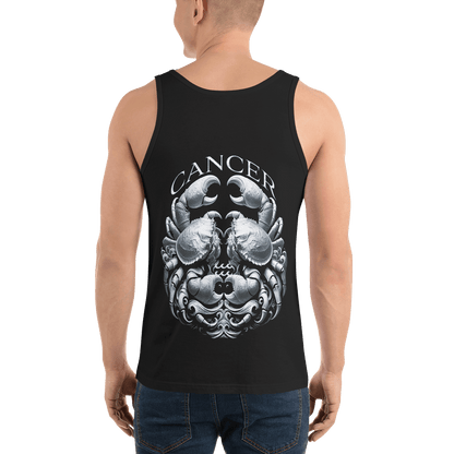 Male model wearing a Deadpan Couture Men's Staple Tank Top in black. The back of the tank top features a large, detailed illustration of a crab with intricate designs and the word 'CANCER' above it, representing the Cancer zodiac sign.