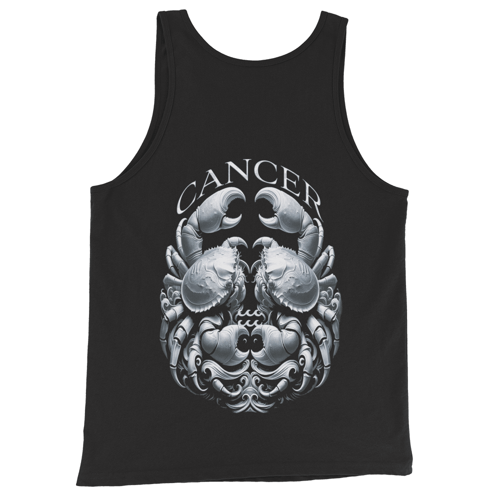 Deadpan Couture Men's Staple Tank Top in black featuring a detailed Cancer symbol on the back, made from high-quality breathable fabric for a comfortable and stylish fit.