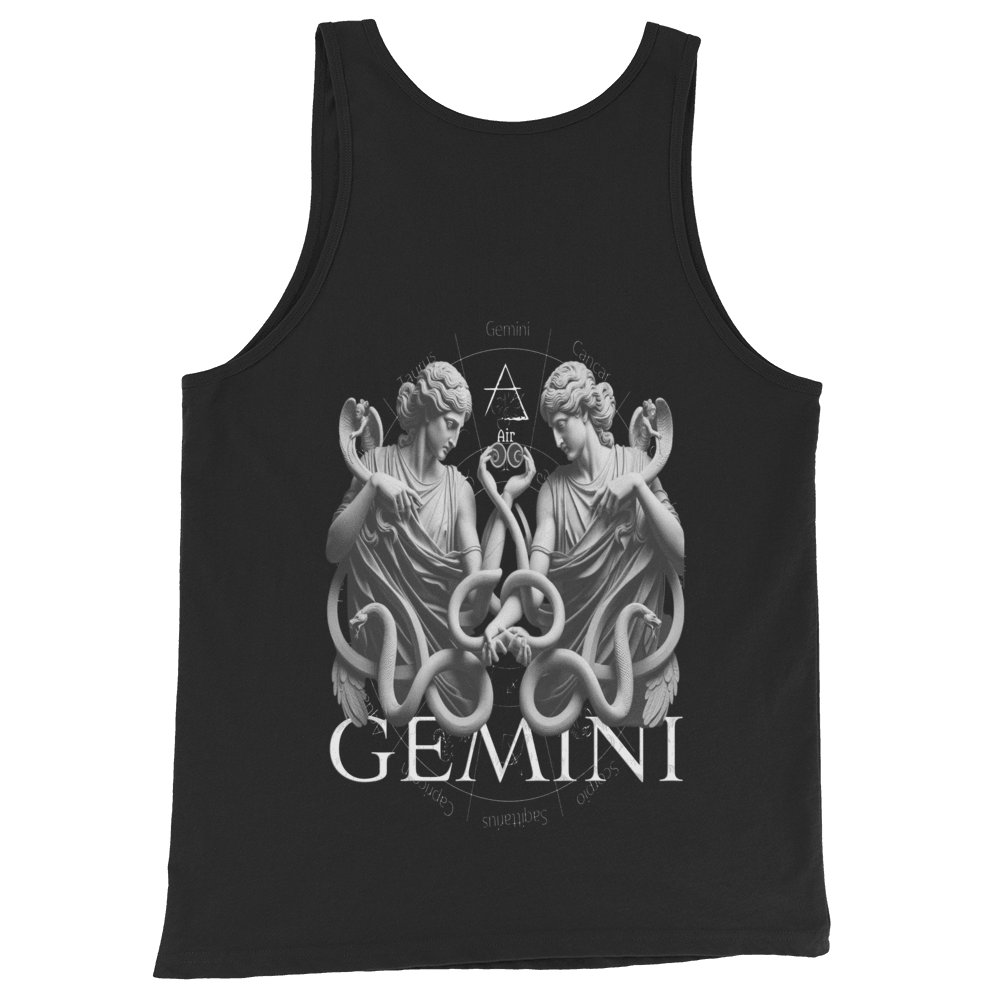 Black men's tank top featuring a double-faced statue graphic with Gemini symbolism.