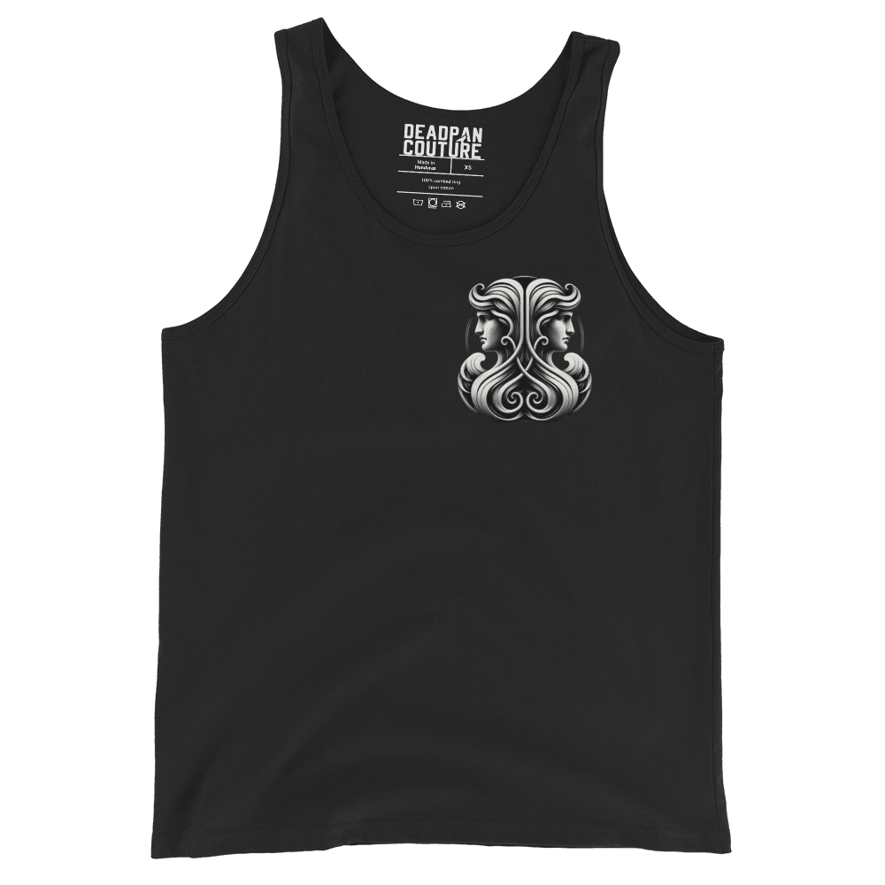 Black tank top featuring a minimalist Gemini twin graphic on the front, designed with intricate baroque elements, showcasing Deadpan Couture's edgy streetwear style.