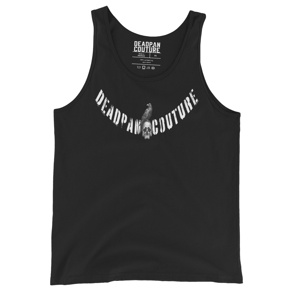 Black tank top with Deadpan Couture logo featuring a raven perched on a skull.