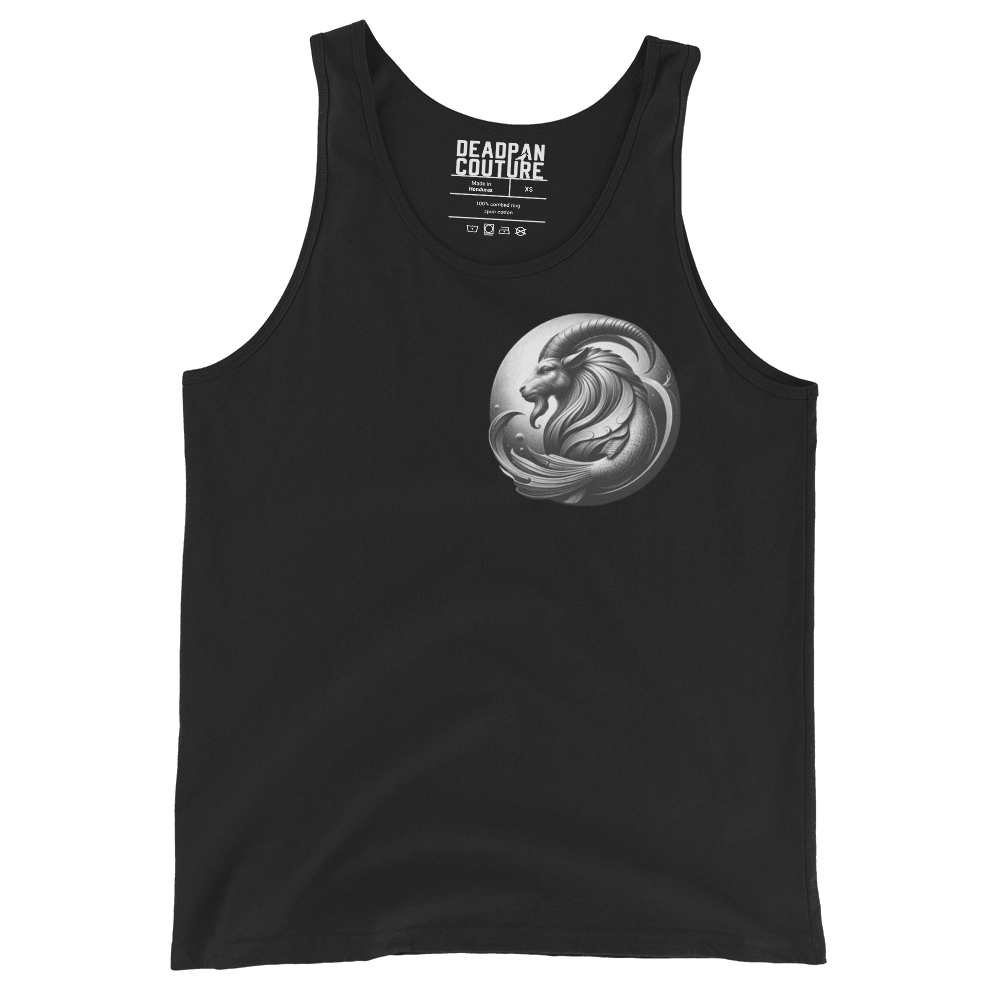 Deadpan Couture Men's Staple Tank Top featuring a bold Capricorn emblem representing the mythical sea-goat, in a classic black color and made from high-quality, breathable fabric for ultimate comfort.