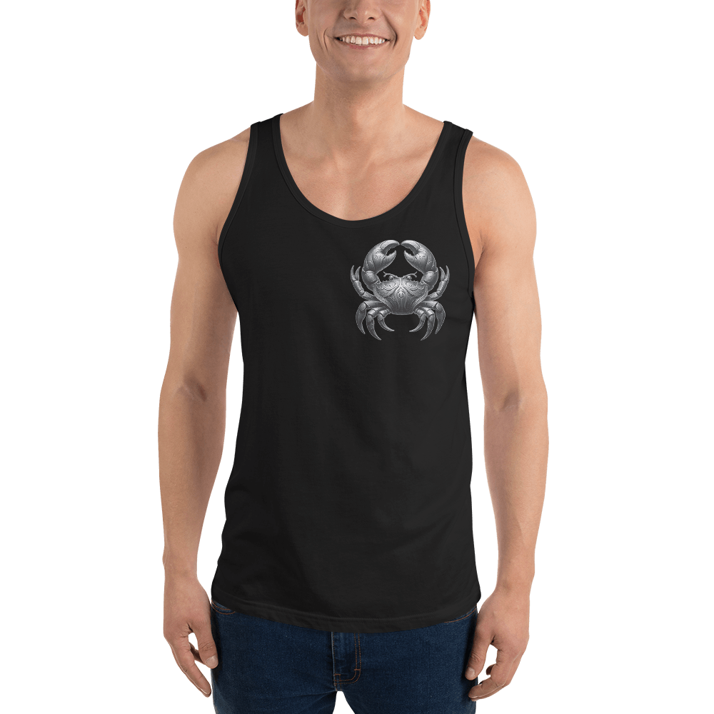 Male model wearing a Deadpan Couture Men's Staple Tank Top in black. The front of the tank top features a small, detailed illustration of a crab with intricate designs, representing the Cancer zodiac sign.