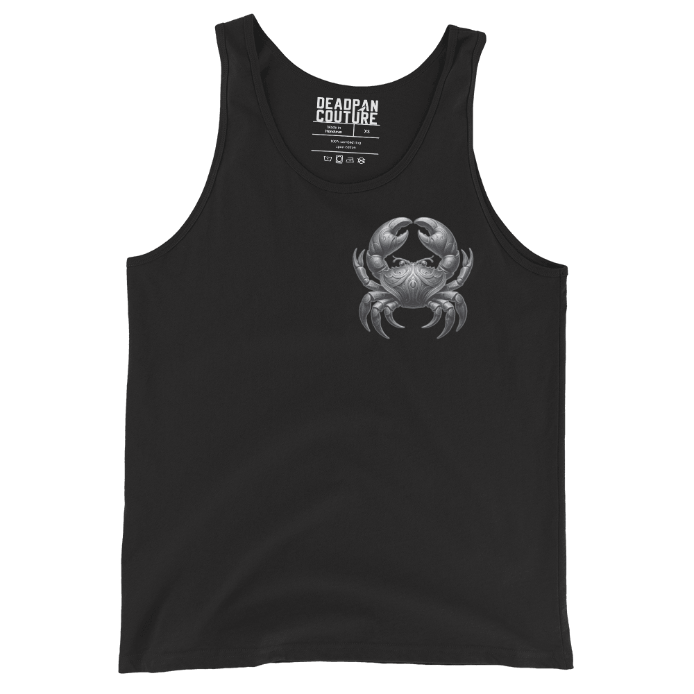 Deadpan Couture Men's Staple Tank Top in black, featuring a sleek, minimalist crab symbol on the front, representing the Cancer zodiac sign.