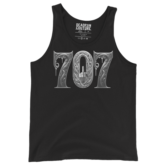 Black men's tank top featuring a bold "707" graphic with an edgy hand gesture in the middle "0."