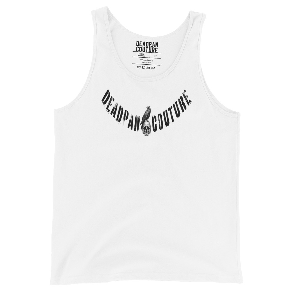 White tank top with Deadpan Couture logo featuring a raven perched on a skull.