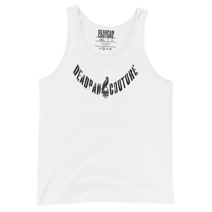 White tank top with Deadpan Couture logo featuring a raven perched on a skull.