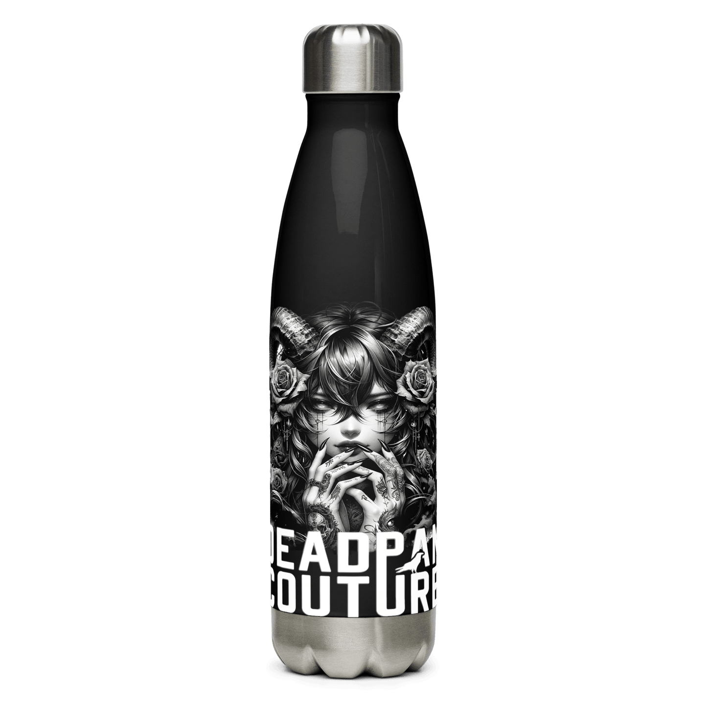 Deadpan Couture stainless steel water bottle featuring an edgy design of a mysterious figure with horns and roses.