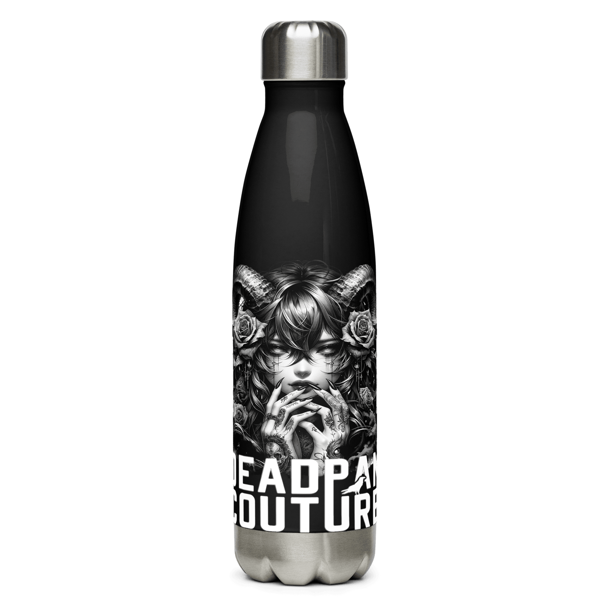 Deadpan Couture stainless steel water bottle featuring an edgy design of a mysterious figure with horns and roses.