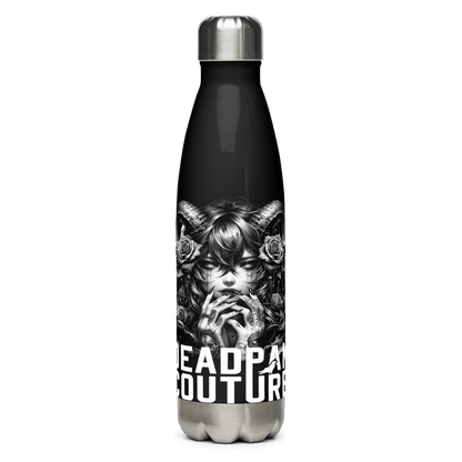 Deadpan Couture stainless steel water bottle featuring an edgy design of a mysterious figure with horns and roses.