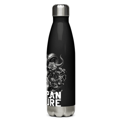 Sleek black Deadpan Couture water bottle with unique graphic artwork, perfect for stylish hydration on the go.