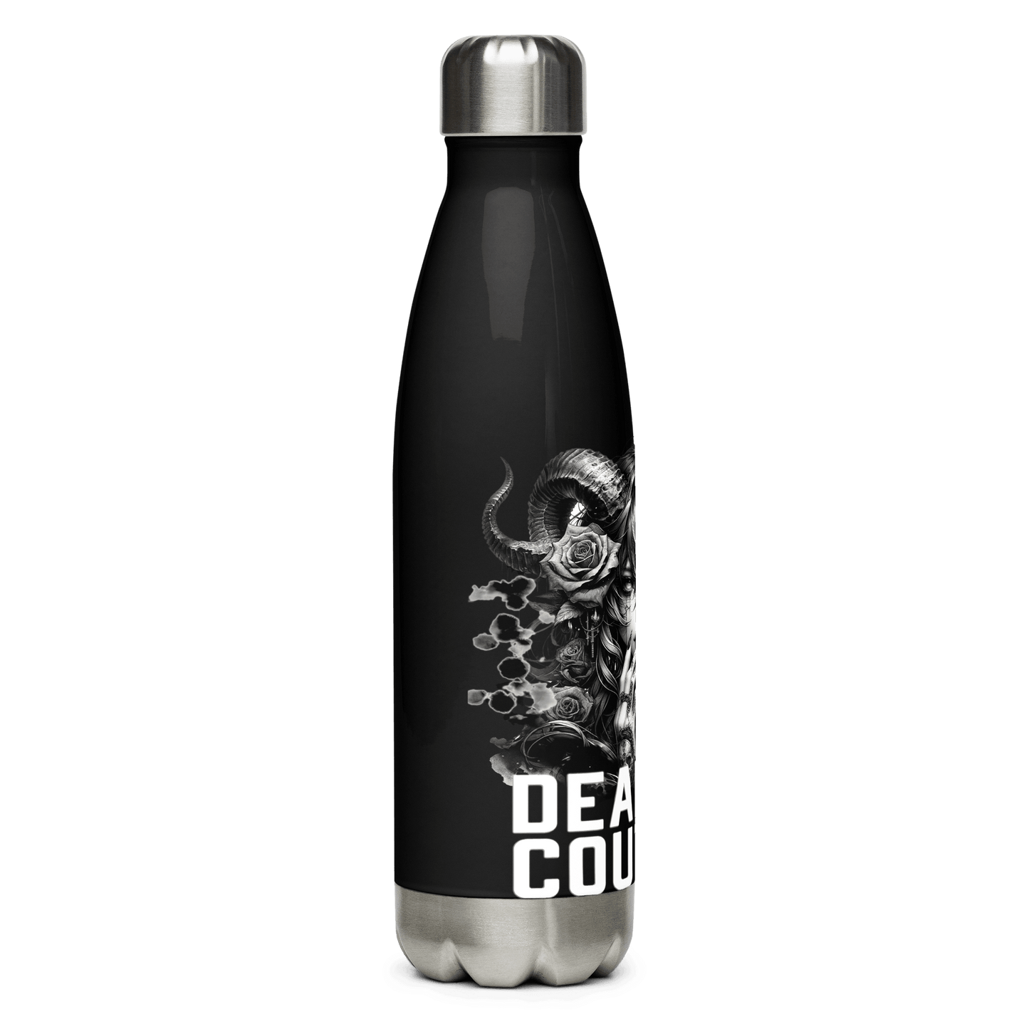 Sleek black Deadpan Couture water bottle with unique graphic artwork, perfect for stylish hydration on the go.