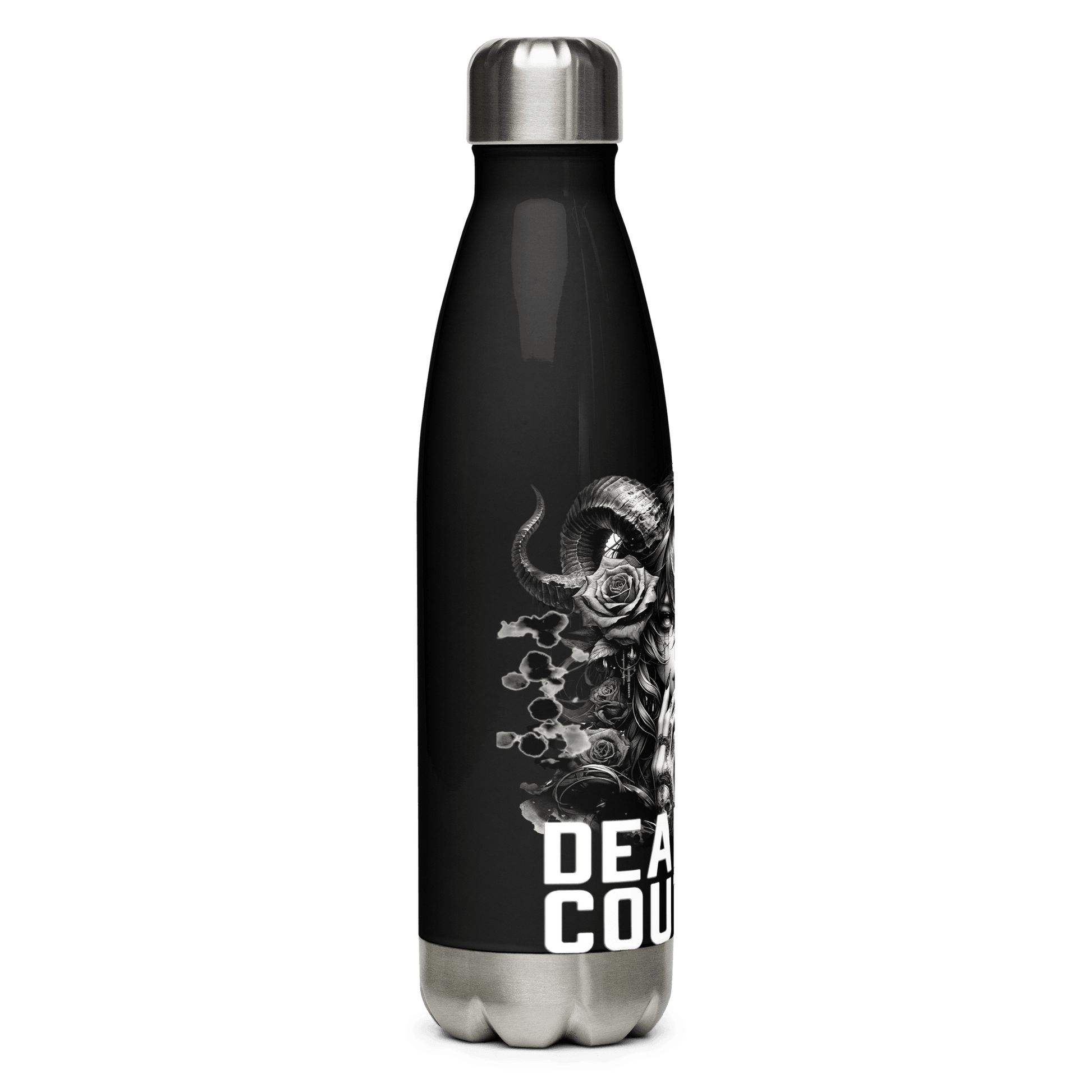 Sleek black Deadpan Couture water bottle with unique graphic artwork, perfect for stylish hydration on the go.