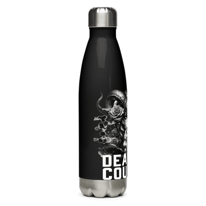 Sleek black Deadpan Couture water bottle with unique graphic artwork, perfect for stylish hydration on the go.