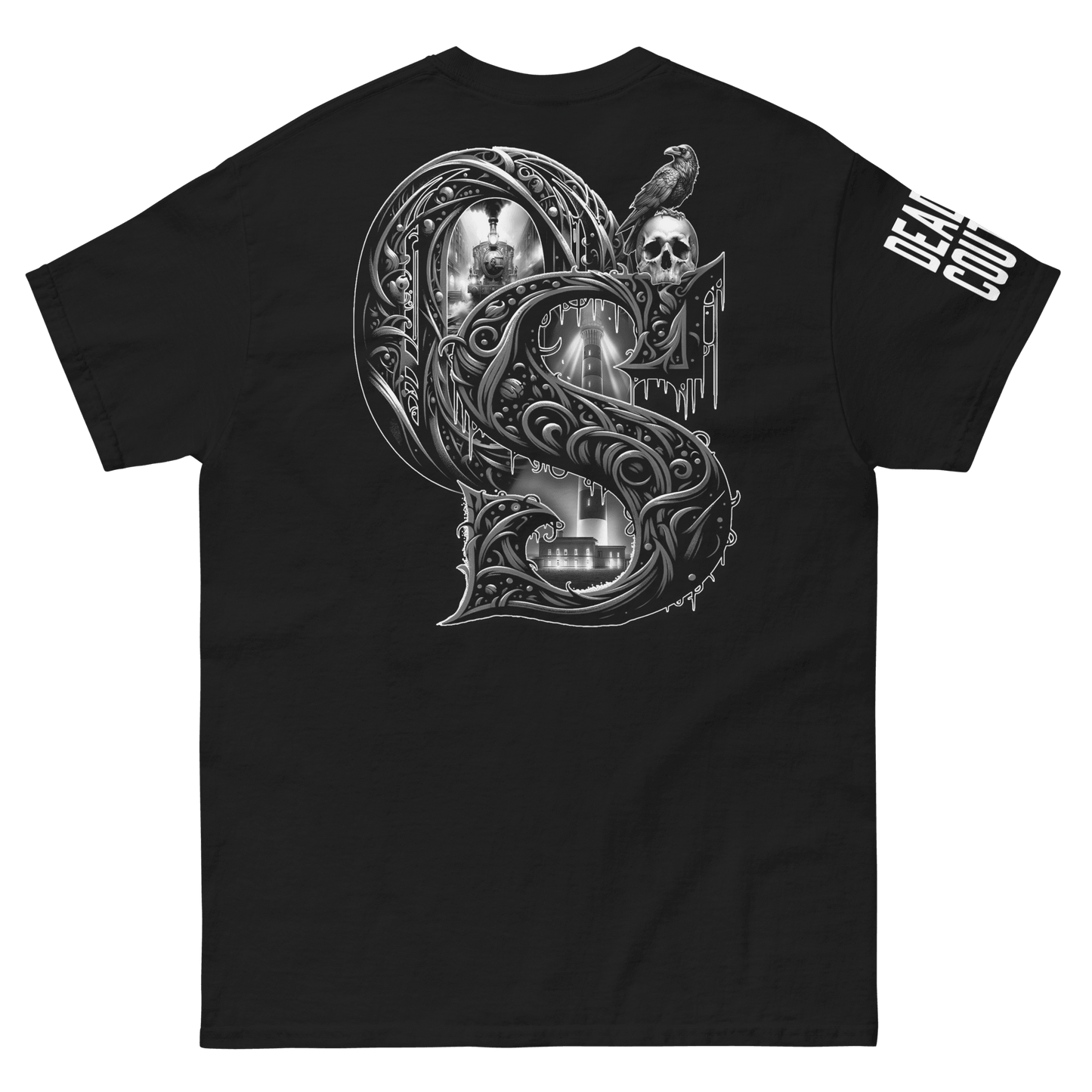 Black t-shirt featuring a detailed gothic "OS" graphic on the back, including a steam locomotive, lighthouse, and raven perched on a human skull, showcasing Deadpan Couture's edgy streetwear style.