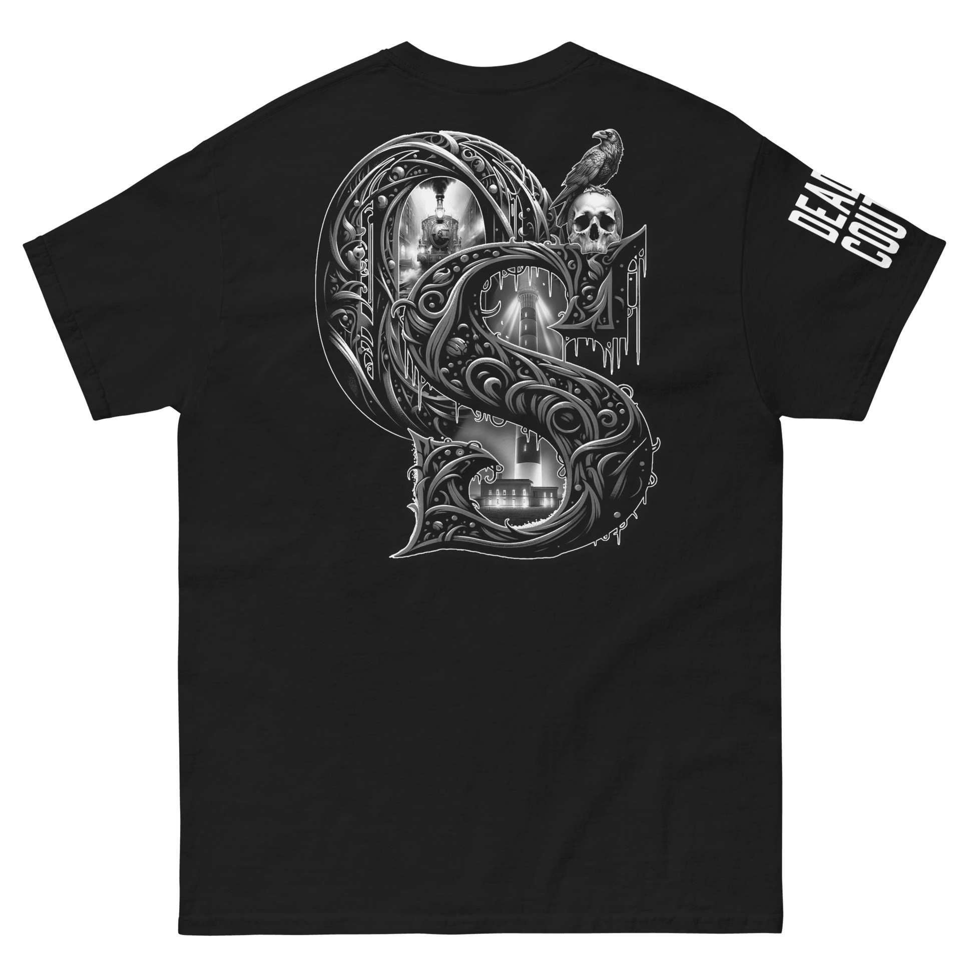 Black t-shirt featuring a detailed gothic "OS" graphic on the back, including a steam locomotive, lighthouse, and raven perched on a human skull, showcasing Deadpan Couture's edgy streetwear style.