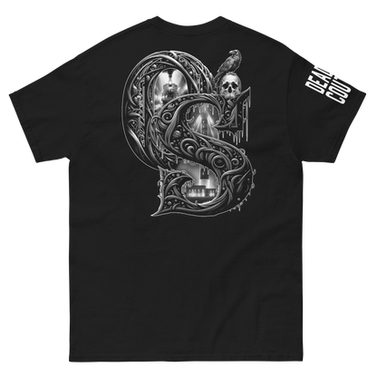 Black t-shirt featuring a detailed gothic "OS" graphic on the back, including a steam locomotive, lighthouse, and raven perched on a human skull, showcasing Deadpan Couture's edgy streetwear style.