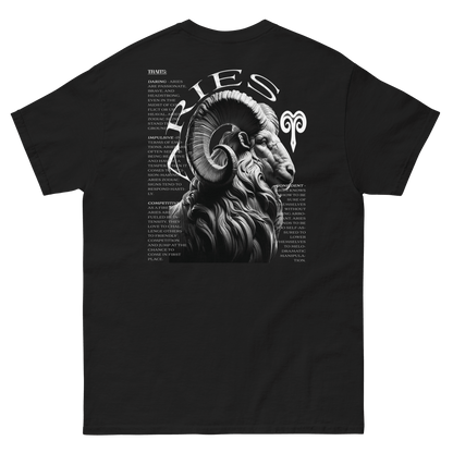 Black t-shirt featuring a detailed Aries ram graphic on the back, surrounded by the defining traits of the Aries zodiac sign, showcasing Deadpan Couture's edgy streetwear style.