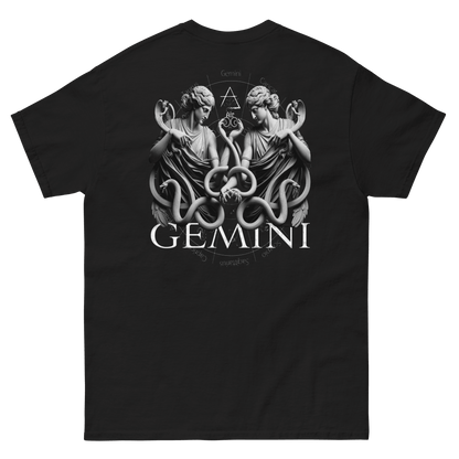 Black t-shirt featuring a detailed Gemini twin graphic on the back, surrounded by the defining traits of the Gemini zodiac sign, showcasing Deadpan Couture's edgy streetwear style.