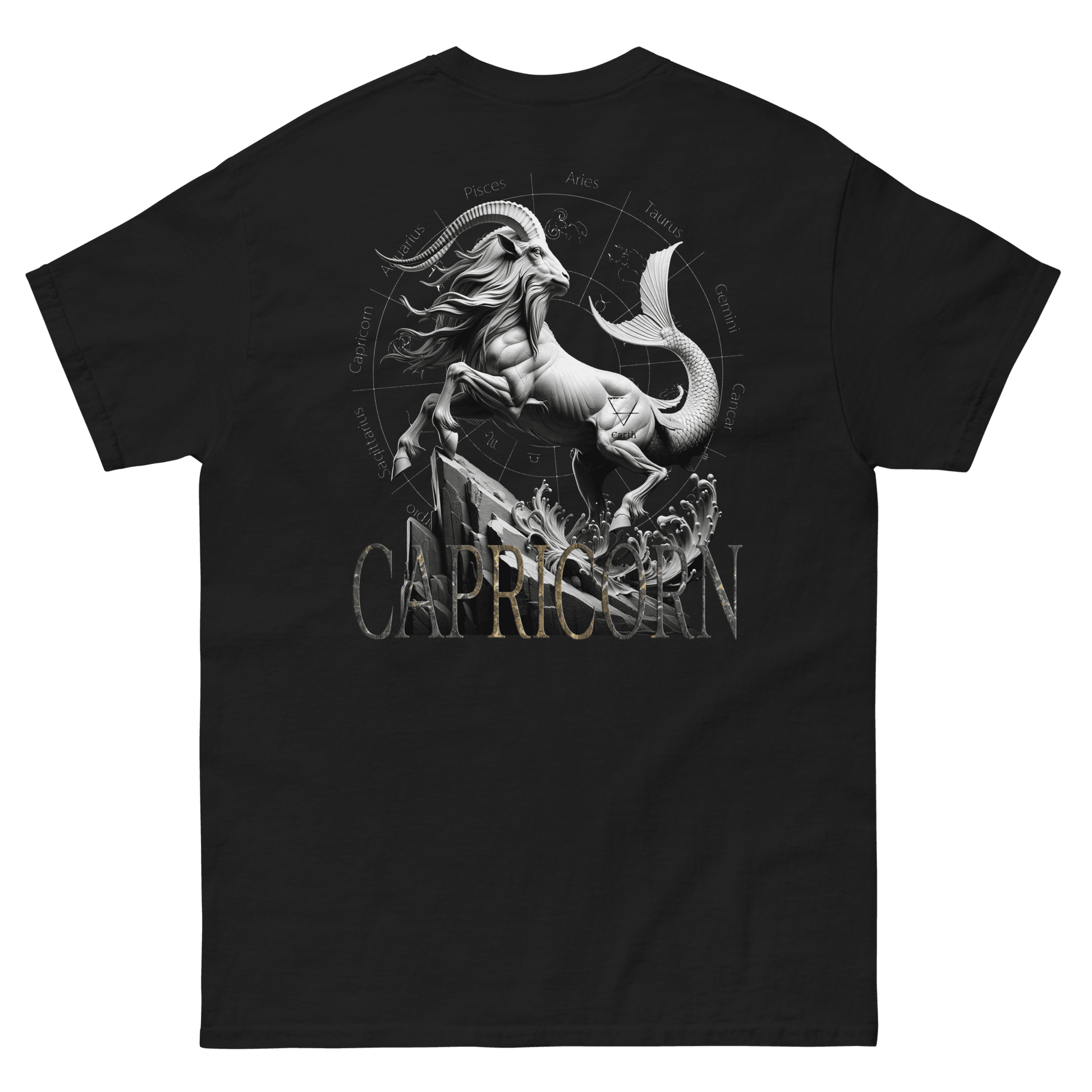 Black t-shirt featuring a majestic Capricorn illustration with astrological symbols.