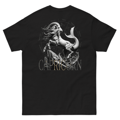 Black t-shirt featuring a majestic Capricorn illustration with astrological symbols.